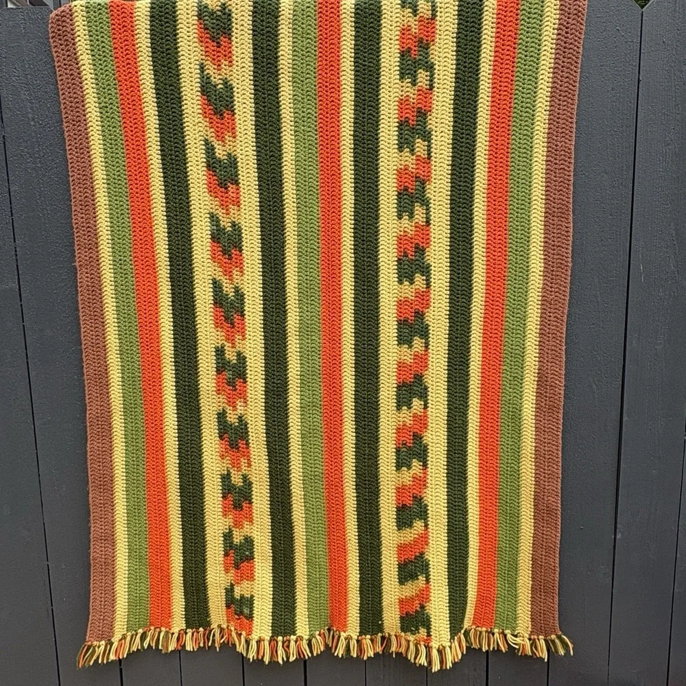 VTG Handmade Crochet Boho Southwestern Afghan Throw 66X88 Cottage Stripe 70s